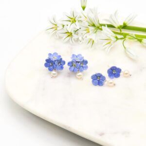 Porcelain Blue Forget Me Not Pearl Drop Earring