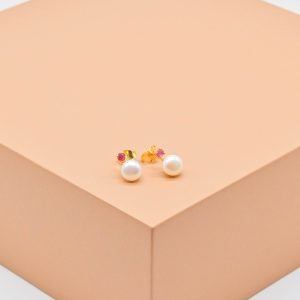 Ruby & Freshwater Pearl Gold Stud Earrings