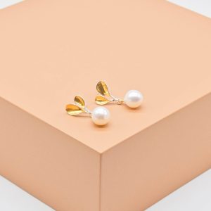 Pearl Gold Leaves Drop Stud Earrings