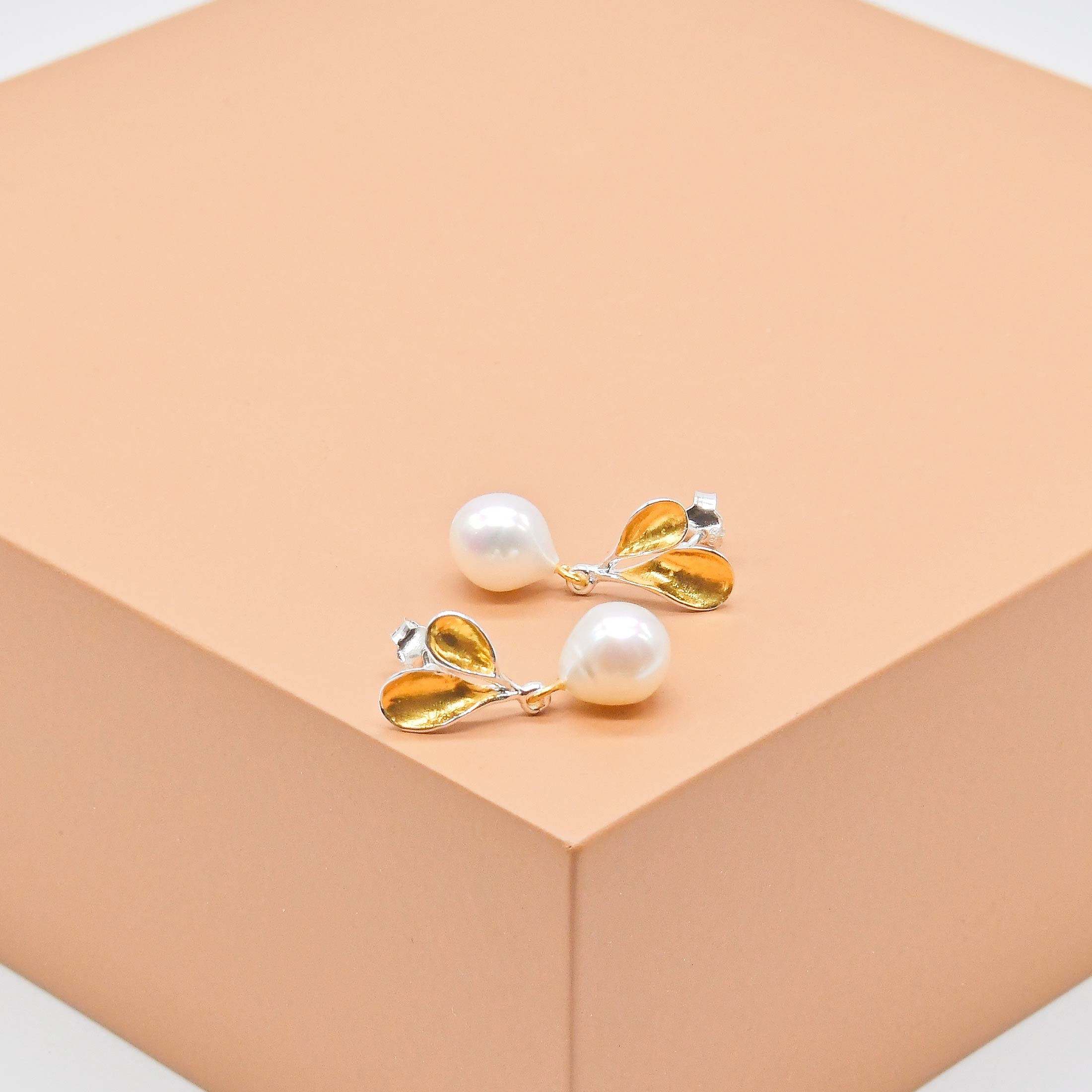 Pearl Gold Leaves Drop Stud Earrings - Image 3