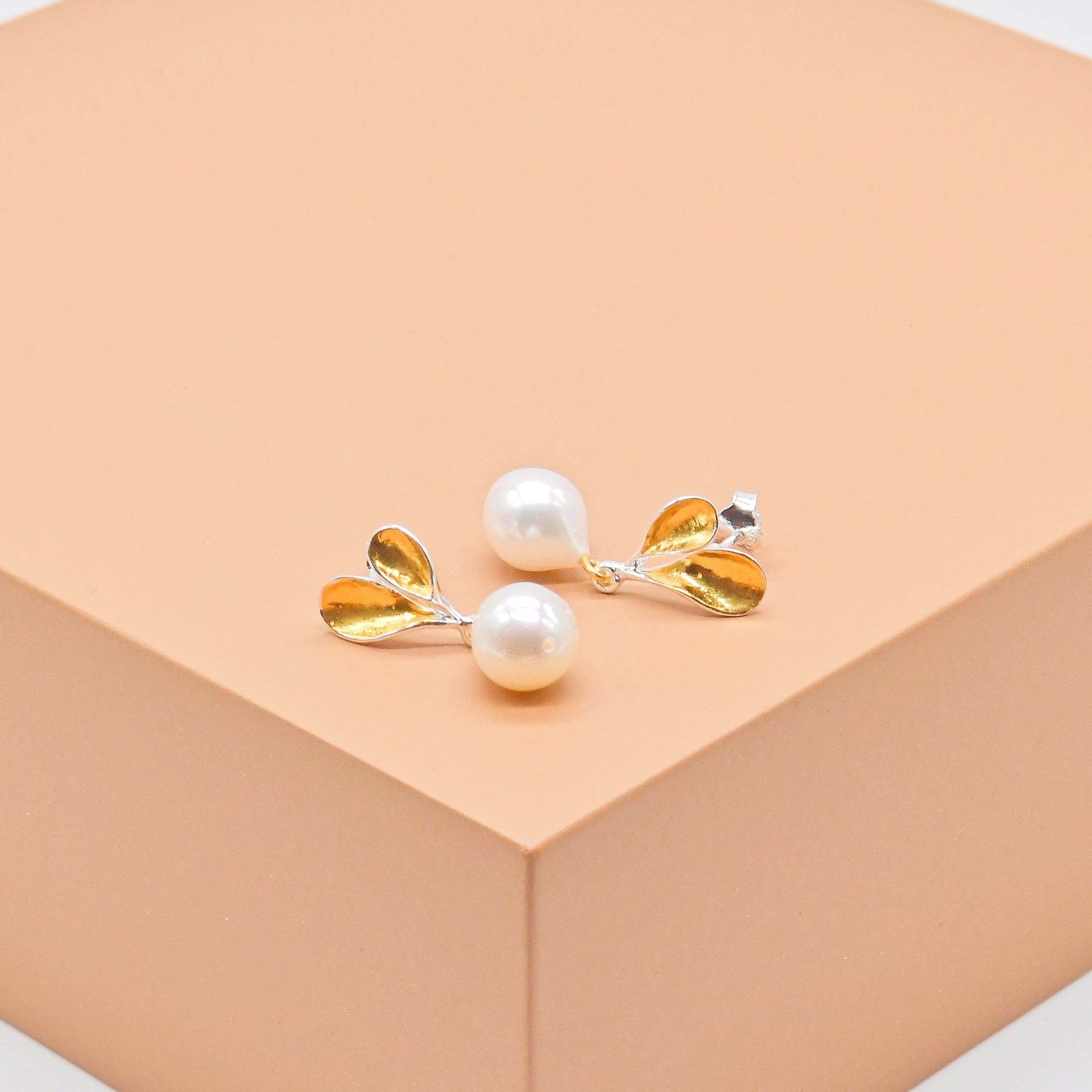 Pearl Gold Leaves Drop Stud Earrings - Image 2