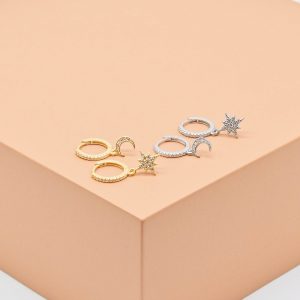 Celestial Moon & Star Huggie Drop Earrings
