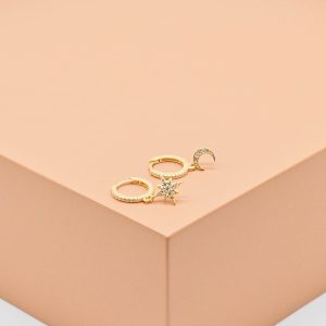 Celestial Moon & Star Huggie Drop Earrings - Gold