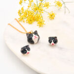 Black And White Cat Necklace and Earring