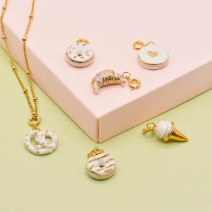 Porcelain Food Charms, Ice cream, Jammie Dodgers, Croissant, Doughnut, Pretzel Charms in Gold And White