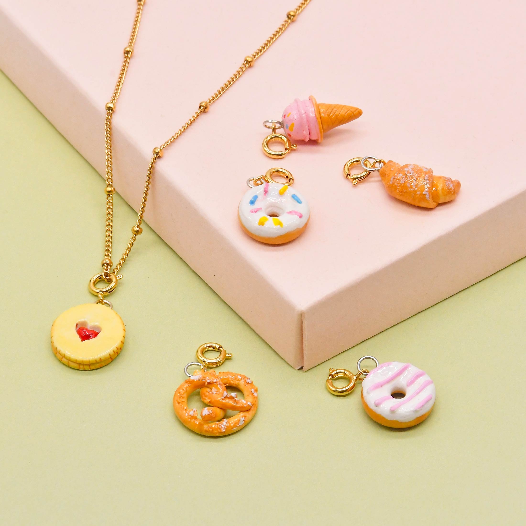 Porcelain Food Charms, Ice cream, Jammie Dodgers, Croissant, Doughnut, Pretzel Charms
