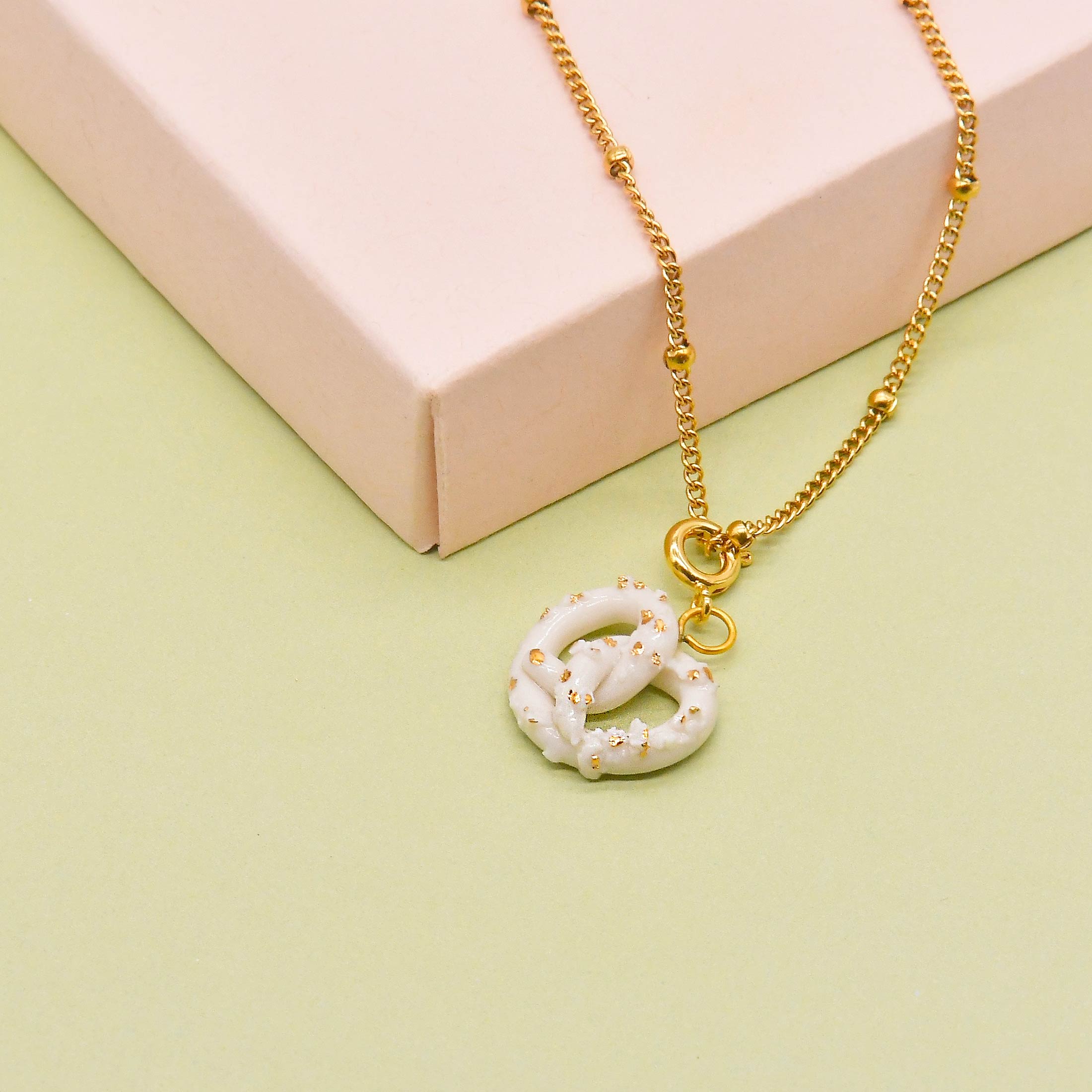 Porcelain Food Charms, Ice cream, Jammie Dodgers, Croissant, Doughnut, Pretzel Charms in Gold And White - Image 4